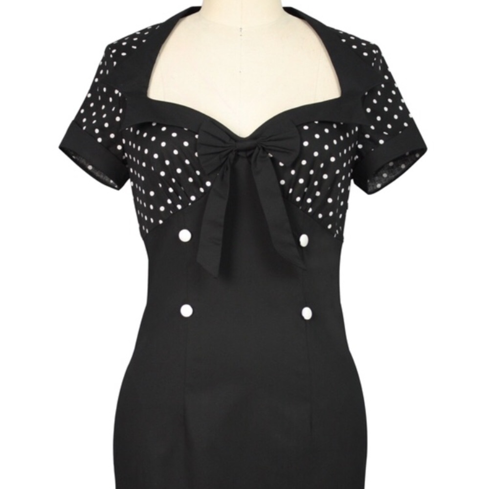 ⚫️⚪️Dottie Pin Up Pencil Dress Black⚪️⚫️ - Picture 2 of 11